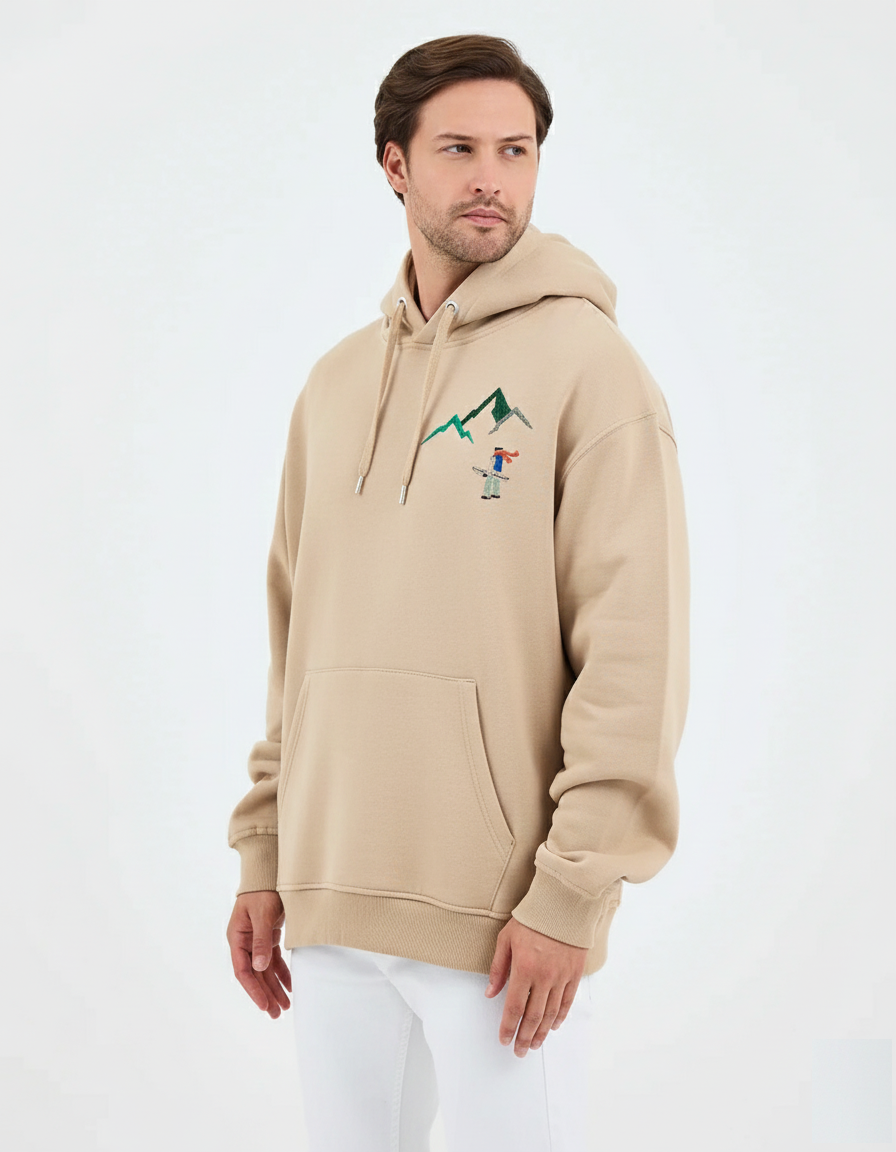 Unisex Bej Nakışlı Oversize Sweatshirt - Organik Pamuklu Happy New Year