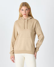 Unisex Bej Nakışlı Kapüşonlu Organik Pamuk Recycled Polyester Standart Kalıp Sweatshirt