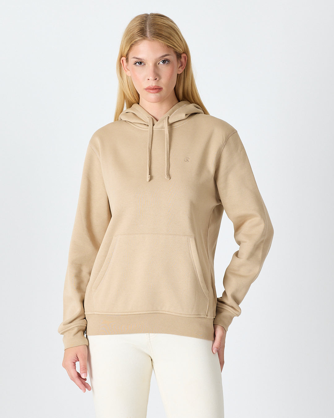 Unisex Bej Nakışlı Kapüşonlu Organik Pamuk Recycled Polyester Standart Kalıp Sweatshirt
