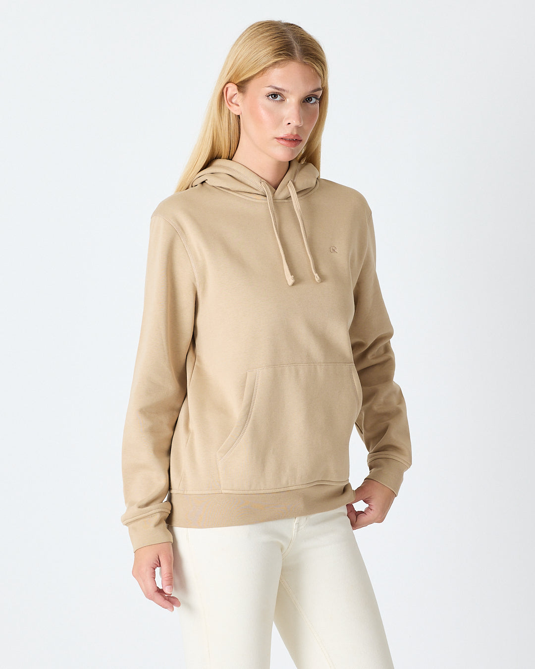 Unisex Bej Nakışlı Kapüşonlu Organik Pamuk Recycled Polyester Standart Kalıp Sweatshirt