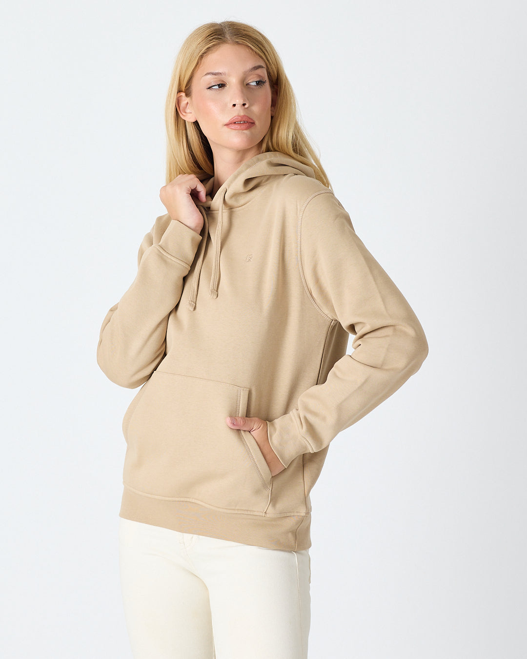 Unisex Bej Nakışlı Kapüşonlu Organik Pamuk Recycled Polyester Standart Kalıp Sweatshirt