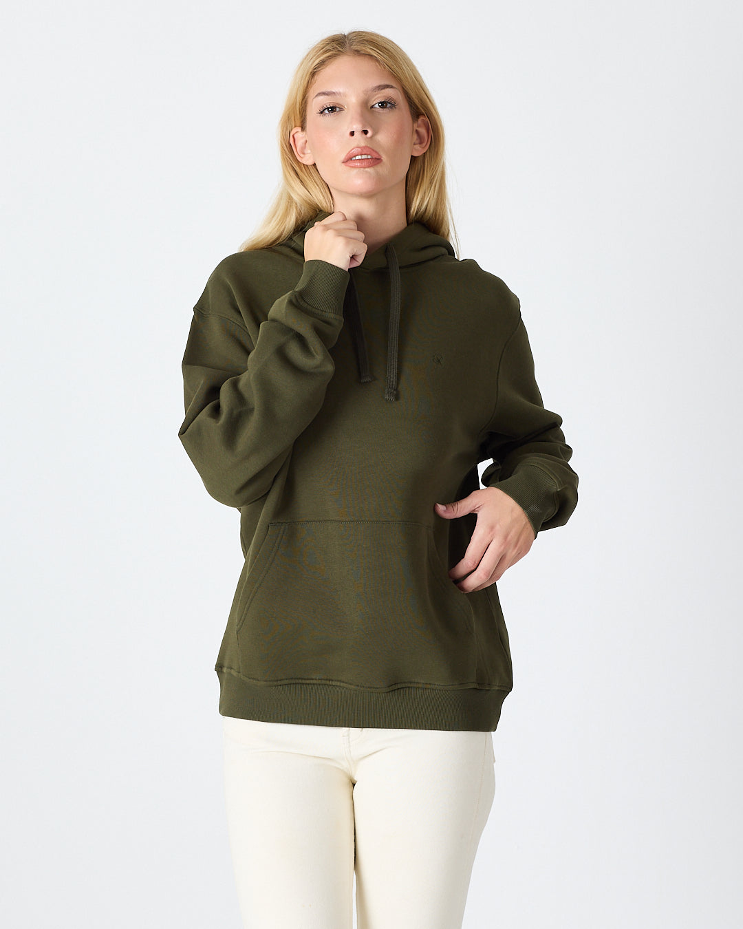 Unisex Haki Nakışlı Organik Pamuklu Kapüşonlu Standart Kalıp Sweatshirt
