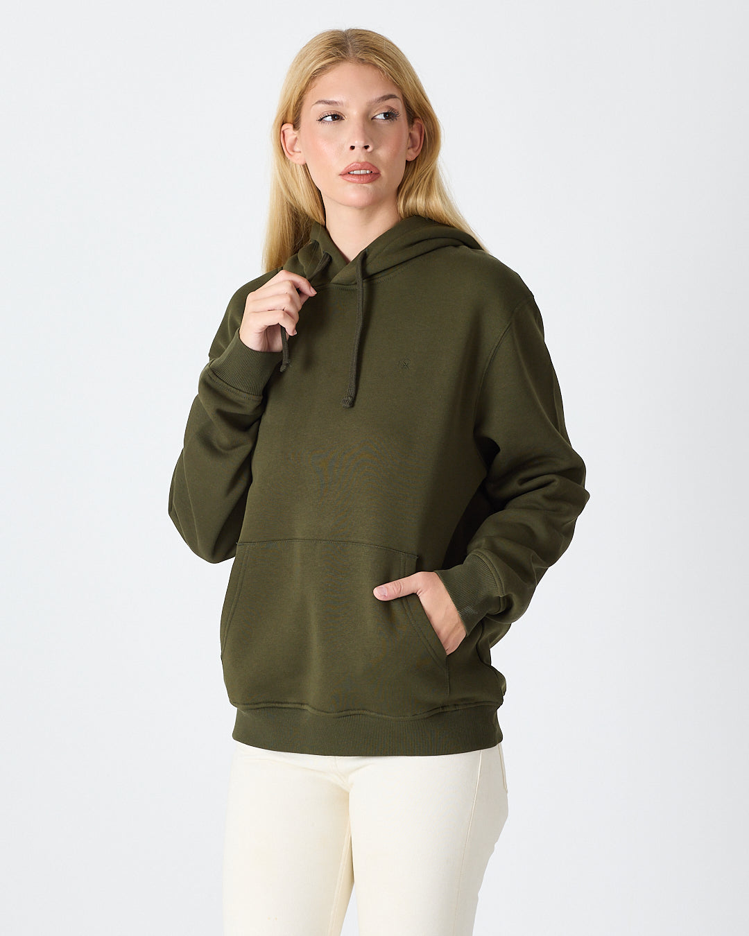 Unisex Haki Nakışlı Organik Pamuklu Kapüşonlu Standart Kalıp Sweatshirt