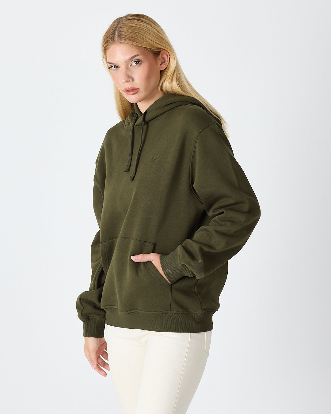 Unisex Haki Nakışlı Organik Pamuklu Kapüşonlu Standart Kalıp Sweatshirt