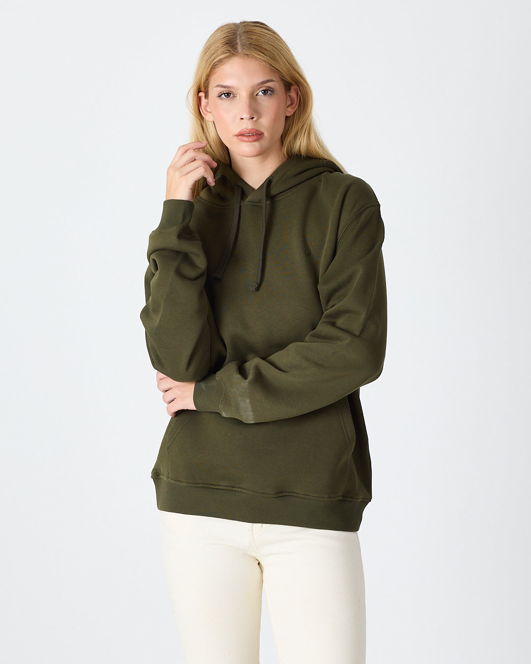 Unisex Haki Nakışlı Organik Pamuklu Kapüşonlu Standart Kalıp Sweatshirt