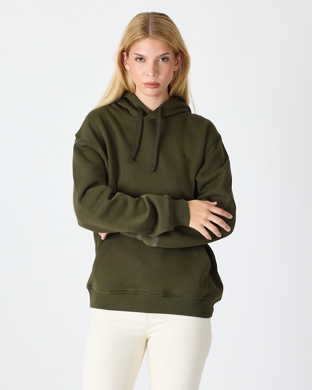 Unisex Haki Nakışlı Organik Pamuklu Kapüşonlu Standart Kalıp Sweatshirt