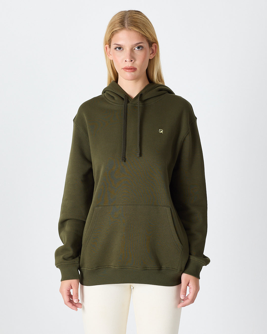 Unisex Haki Ekru Nakışlı Standart Kalıp Organik Pamuk Kapüşonlu Sweatshirt