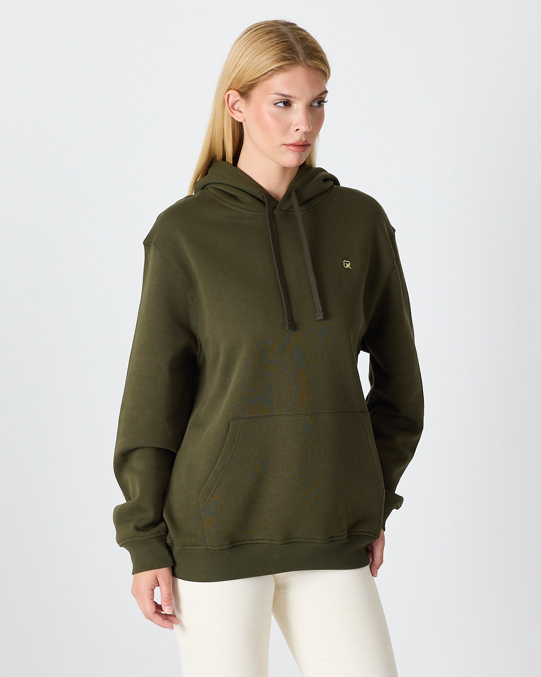 Unisex Haki Ekru Nakışlı Standart Kalıp Organik Pamuk Kapüşonlu Sweatshirt