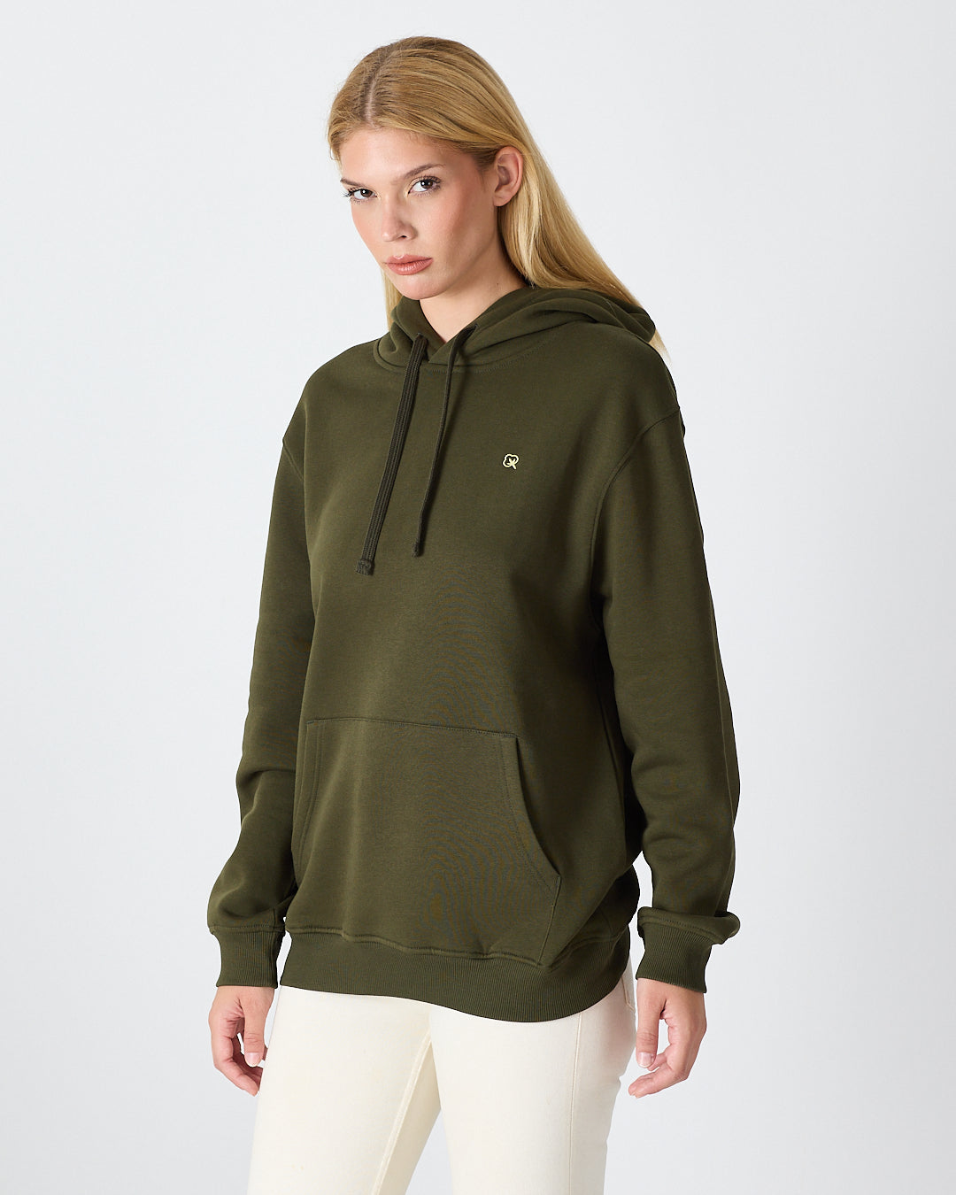 Unisex Haki Ekru Nakışlı Standart Kalıp Organik Pamuk Kapüşonlu Sweatshirt