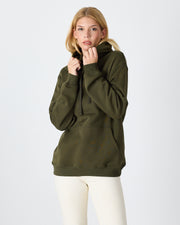 Unisex Haki Ekru Nakışlı Standart Kalıp Organik Pamuk Kapüşonlu Sweatshirt