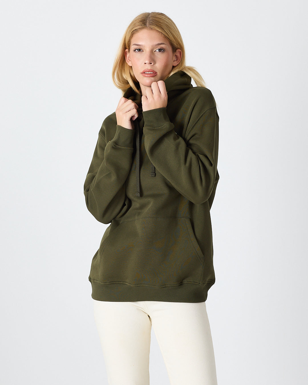 Unisex Haki Ekru Nakışlı Standart Kalıp Organik Pamuk Kapüşonlu Sweatshirt