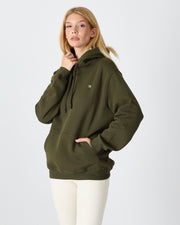 Unisex Haki Ekru Nakışlı Standart Kalıp Organik Pamuk Kapüşonlu Sweatshirt