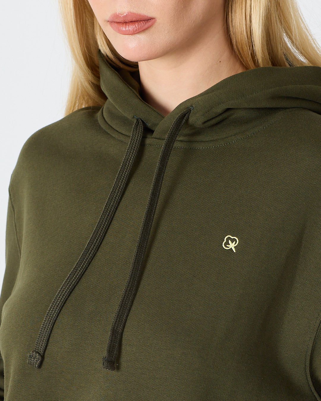 Unisex Haki Ekru Nakışlı Standart Kalıp Organik Pamuk Kapüşonlu Sweatshirt