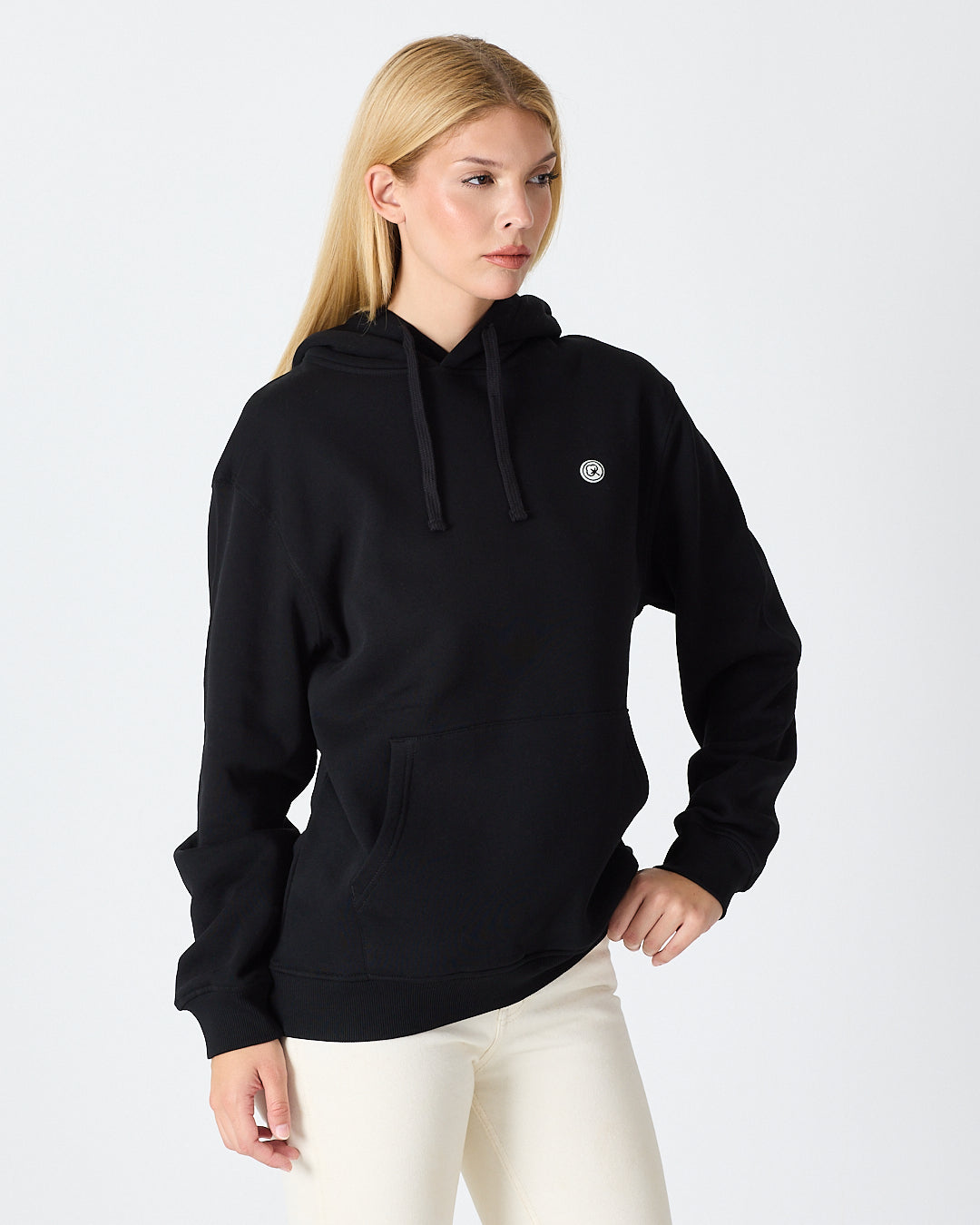 Unisex Siyah Beyaz Aplike Logo Organik Pamuk Standart Kesim Kapüşonlu Sweatshirt