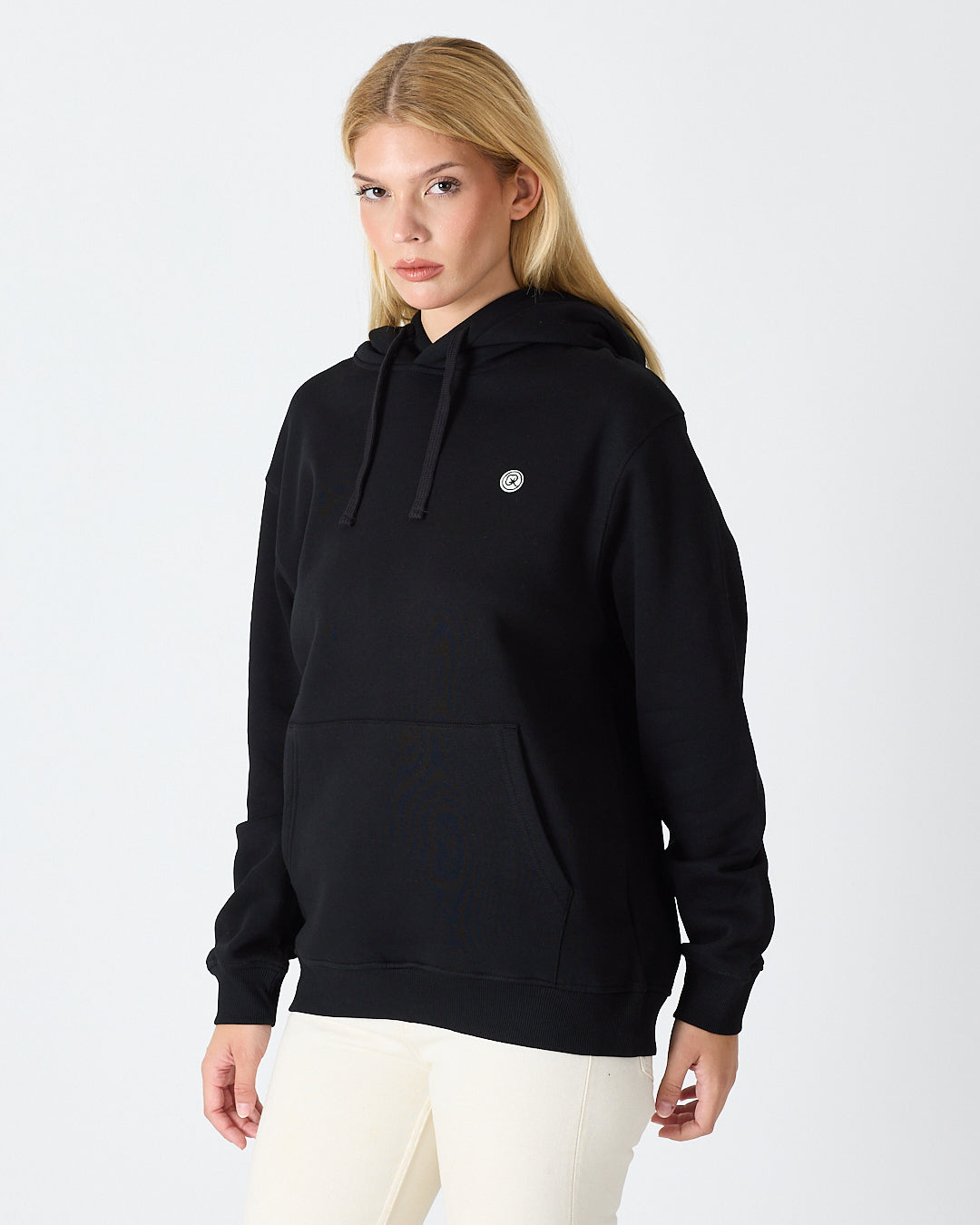 Unisex Siyah Beyaz Aplike Logo Organik Pamuk Standart Kesim Kapüşonlu Sweatshirt