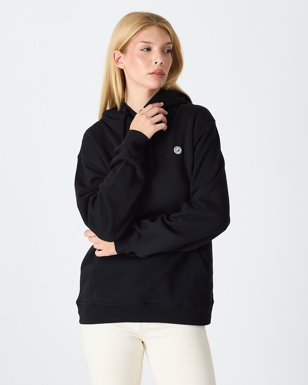 Unisex Siyah Beyaz Aplike Logo Organik Pamuk Standart Kesim Kapüşonlu Sweatshirt