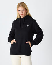 Unisex Siyah Beyaz Aplike Logo Organik Pamuk Standart Kesim Kapüşonlu Sweatshirt