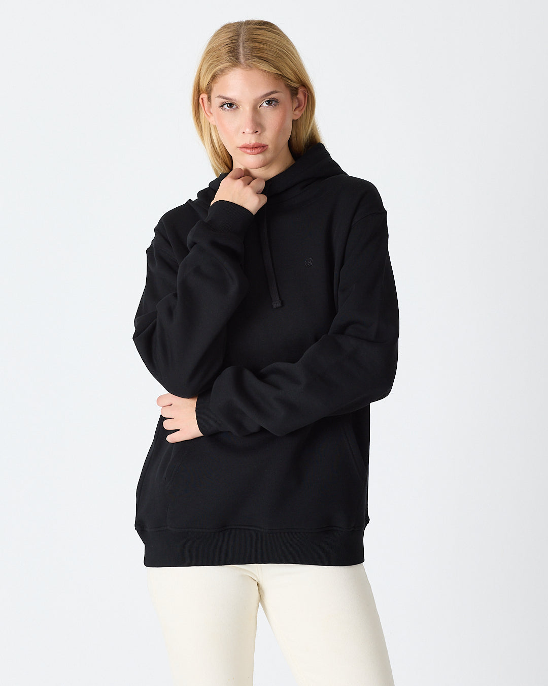 Unisex Black Embroidered Hooded Organic Cotton Standard Fit Sweatshirt -1011203