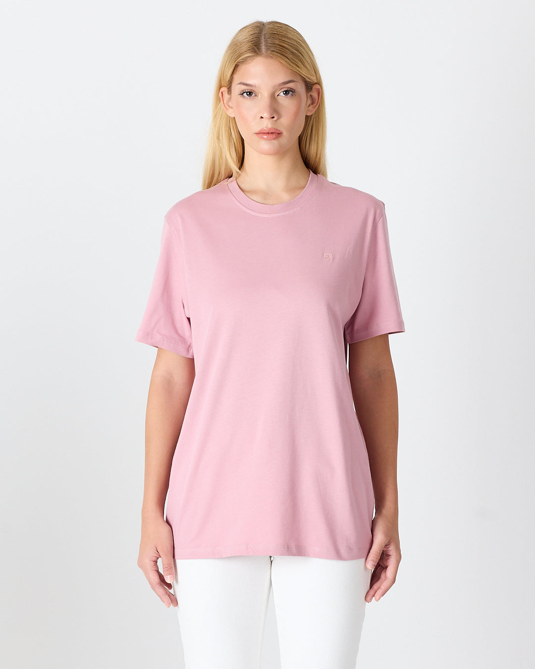 Unisex Lila Pembe Nakış Standart Kalıp Bisiklet Yaka Organik Pamuk T-Shirt