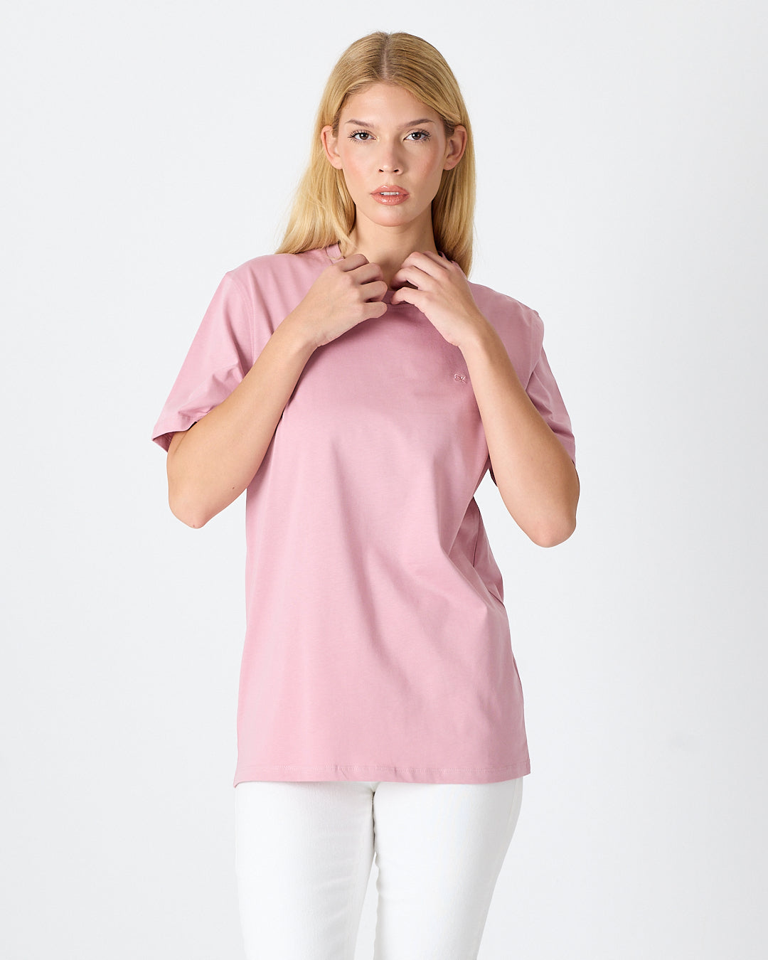 Unisex Lila Pembe Nakış Standart Kalıp Bisiklet Yaka Organik Pamuk T-Shirt