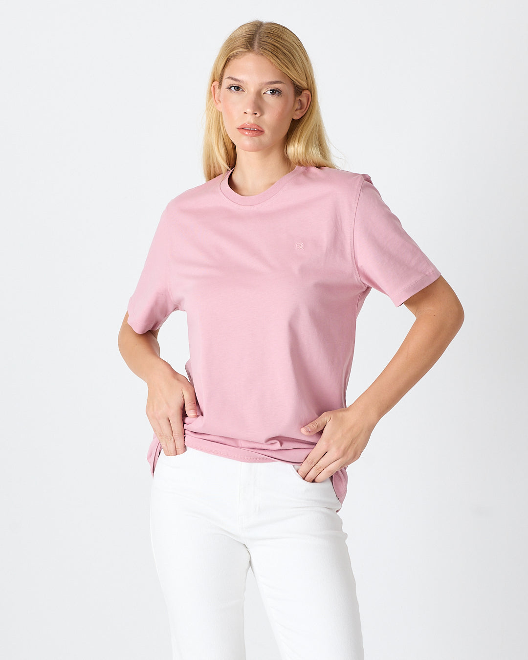 Unisex Lila Pembe Nakış Standart Kalıp Bisiklet Yaka Organik Pamuk T-Shirt