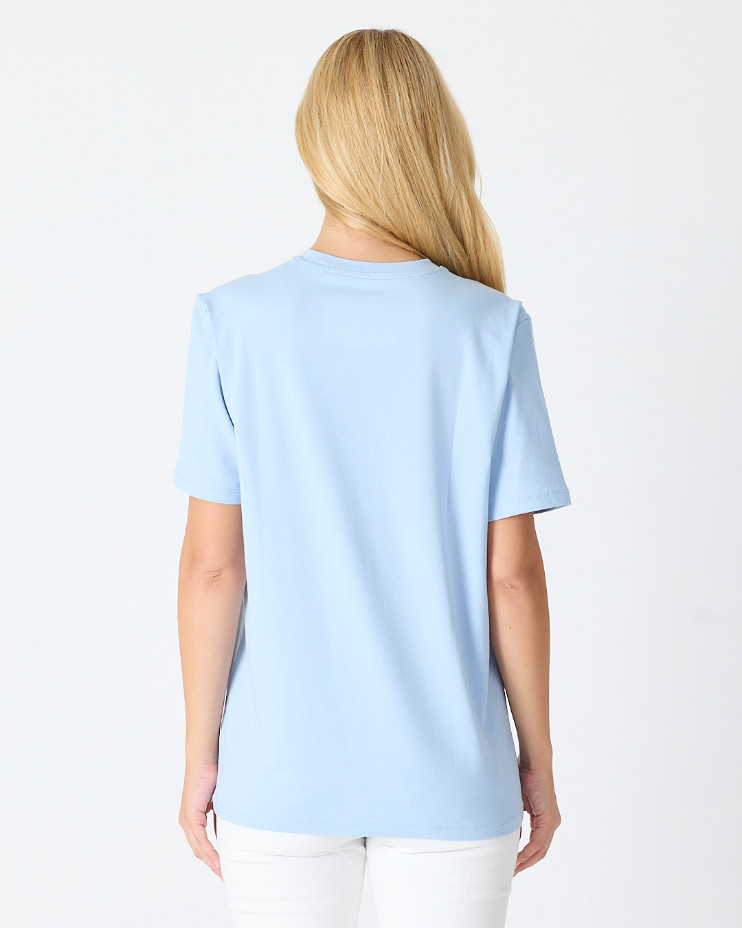 Unisex Açık Mavi Nakış Standart Kalıp BCI Sertifikalı Pamuklu Bisiklet Yaka T-Shirt