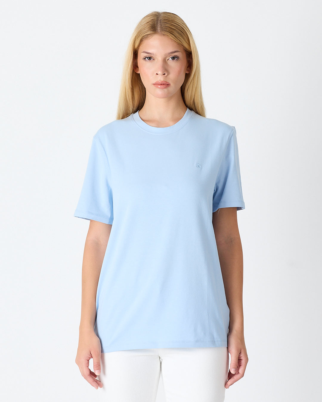 Unisex Açık Mavi Nakış Standart Kalıp BCI Sertifikalı Pamuklu Bisiklet Yaka T-Shirt