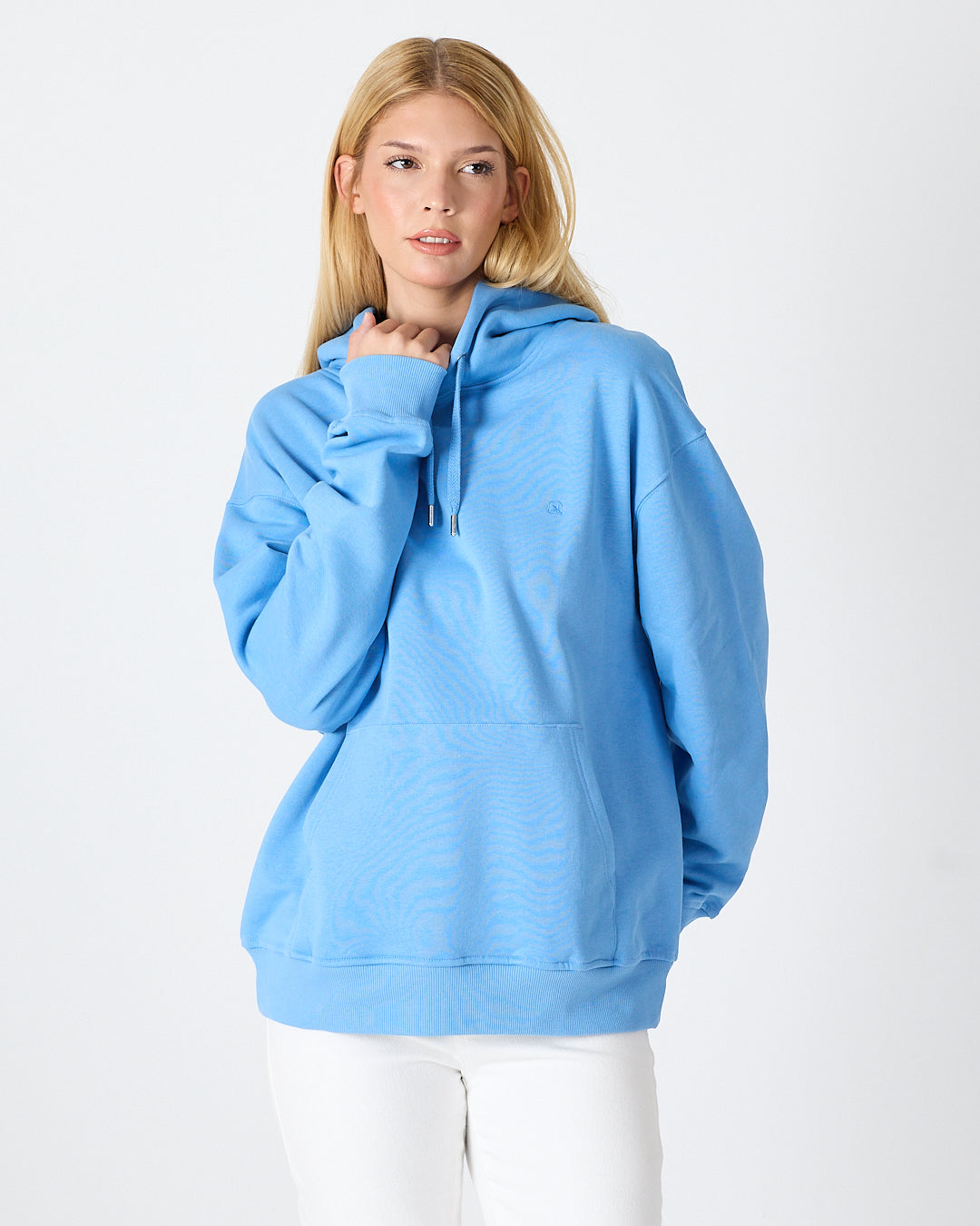 Unisex Mavi Nakışlı Kapüşonlu Organik Pamuk Oversize Sweatshirt