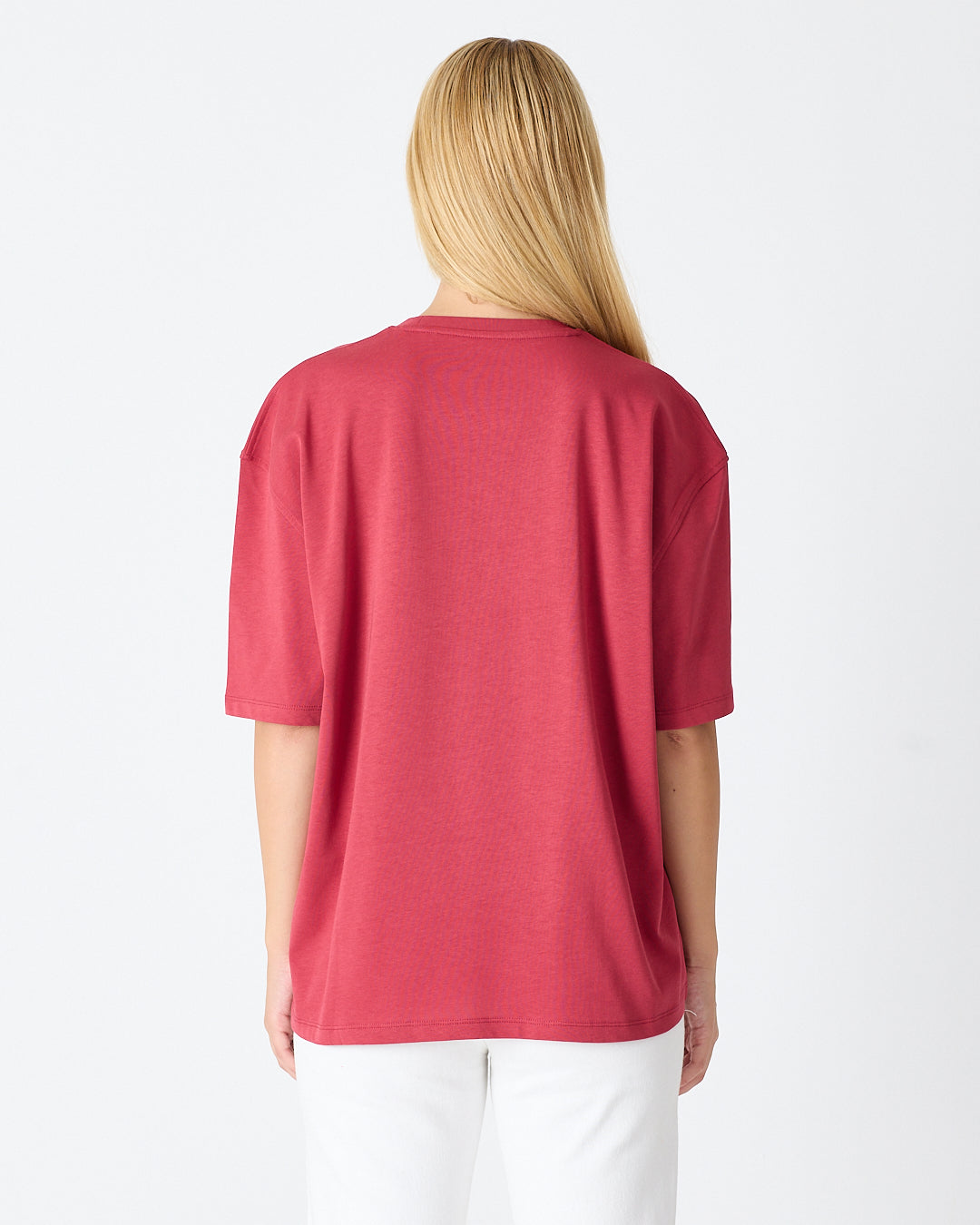 Unisex Burgundy Embroidered Oversize Crew Neck Organic Cotton T-Shirt-1010516