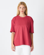 Unisex Burgundy Embroidered Oversize Crew Neck Organic Cotton T-Shirt-1010516