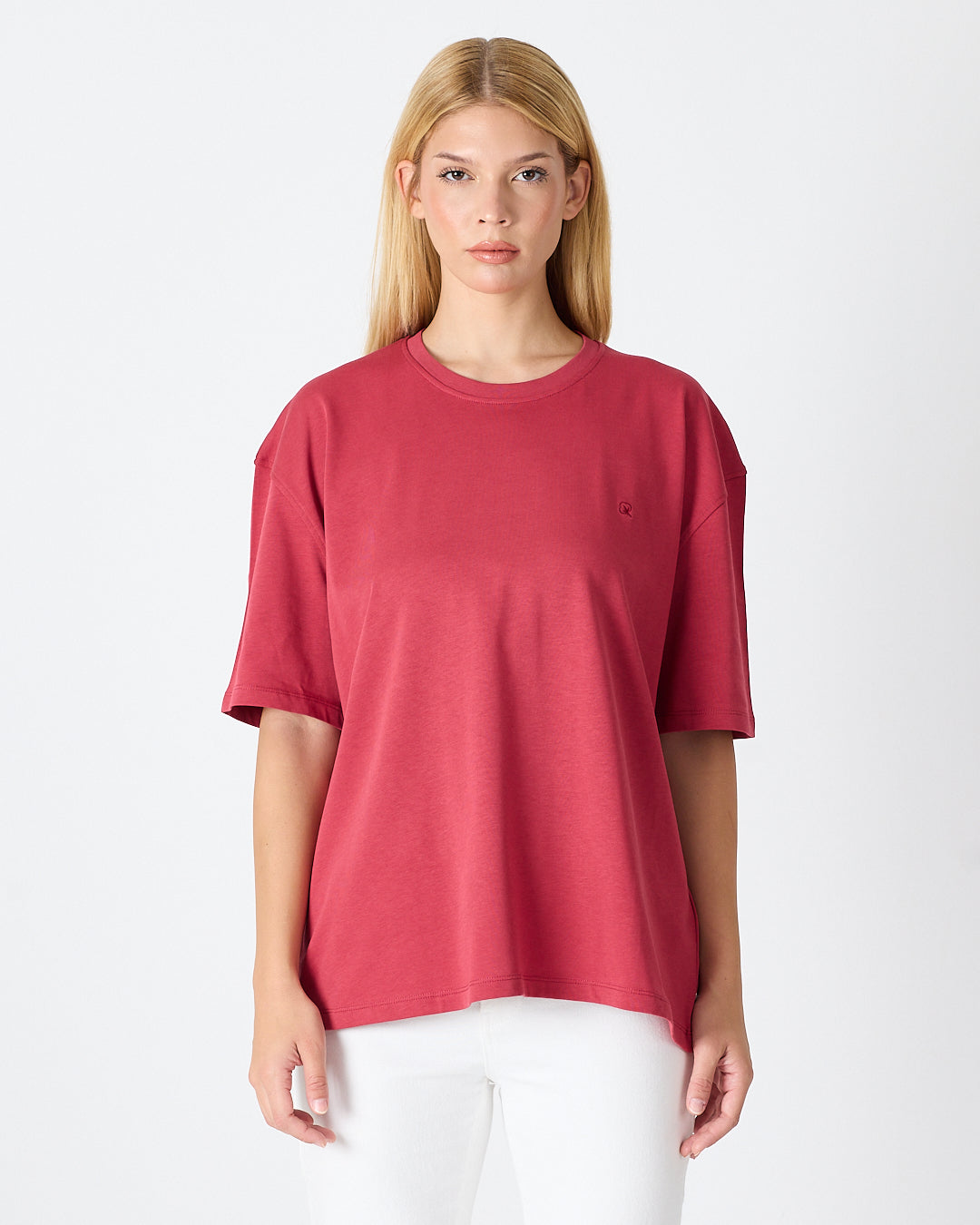 Unisex Burgundy Embroidered Oversize Crew Neck Organic Cotton T-Shirt-1010516
