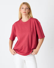 Unisex Burgundy Embroidered Oversize Crew Neck Organic Cotton T-Shirt-1010516