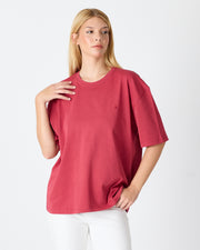 Unisex Burgundy Embroidered Oversize Crew Neck Organic Cotton T-Shirt-1010516