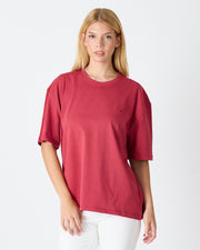 Unisex Burgundy Embroidered Oversize Crew Neck Organic Cotton T-Shirt-1010516