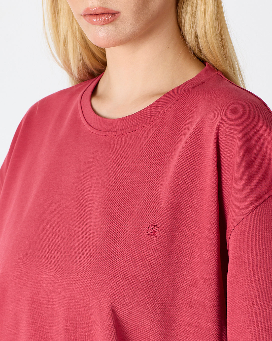 Unisex Burgundy Embroidered Oversize Crew Neck Organic Cotton T-Shirt-1010516