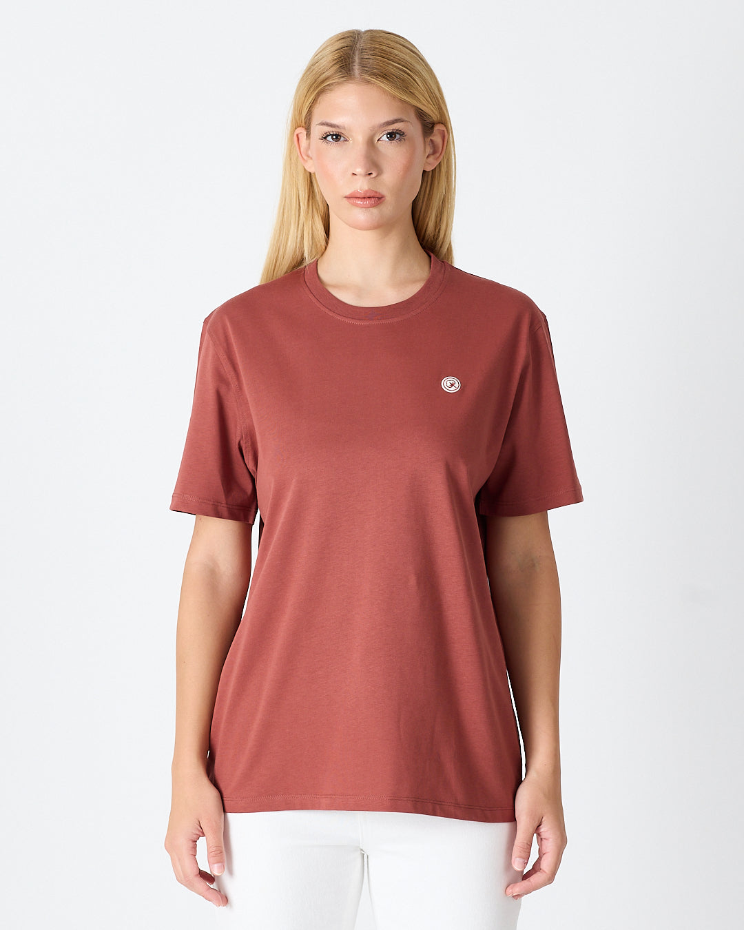 Unisex Gül Kurusu Beyaz Aplike Logo Organik Pamuk Standart Kesim Bisiklet Yaka T-shirt
