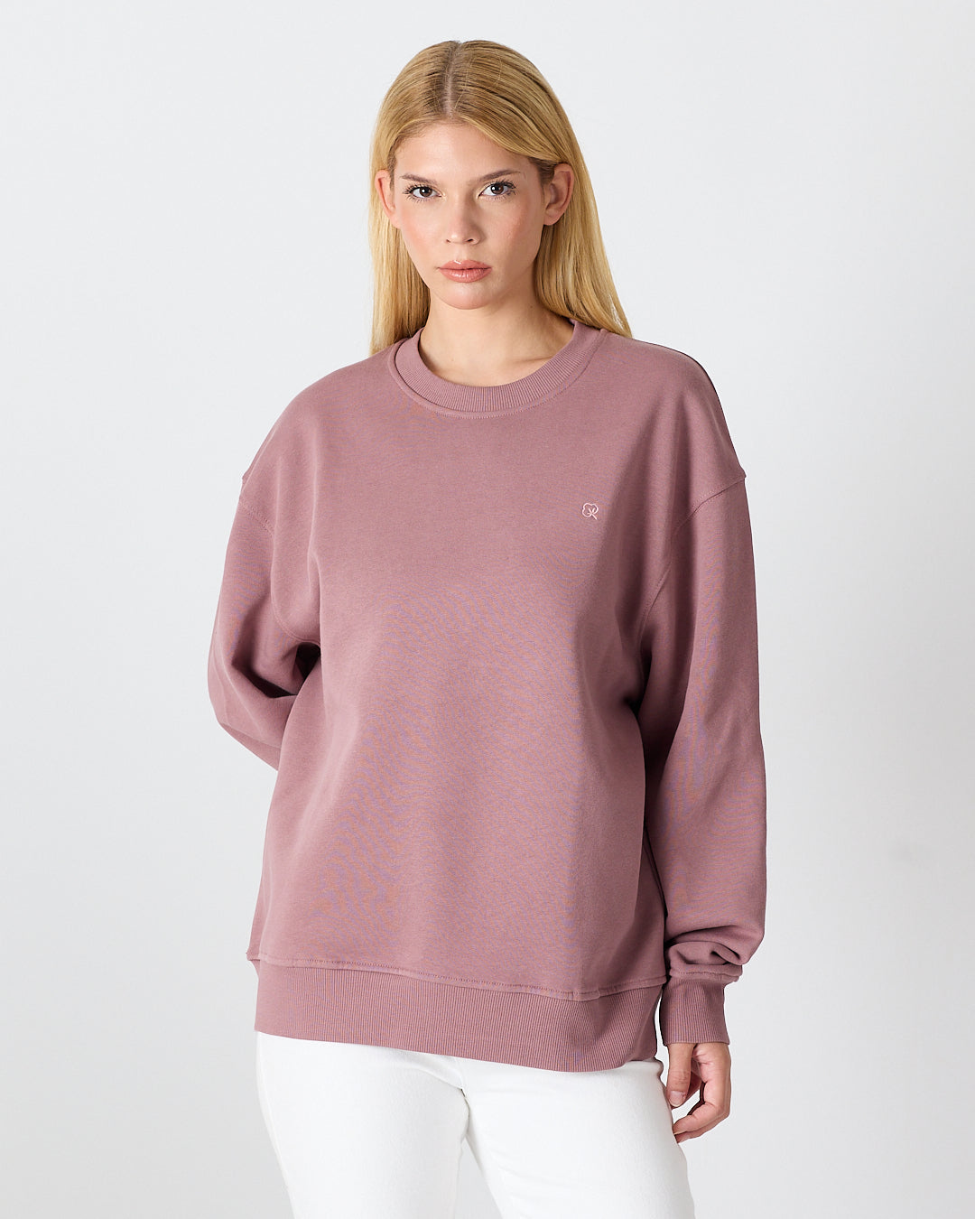 Unisex Gül Kurusu Nakışlı Bisiklet Yaka Organik Pamuk Oversize Sweatshirt