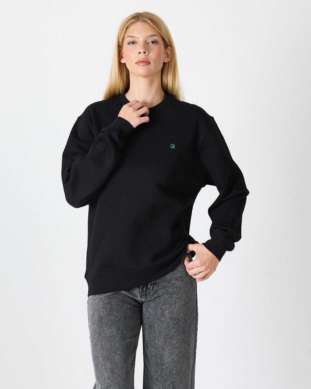 Unisex Siyah Yeşil Nakışlı Bisiklet Yaka Organik Pamuk Rahat Kalıp Sweatshirt