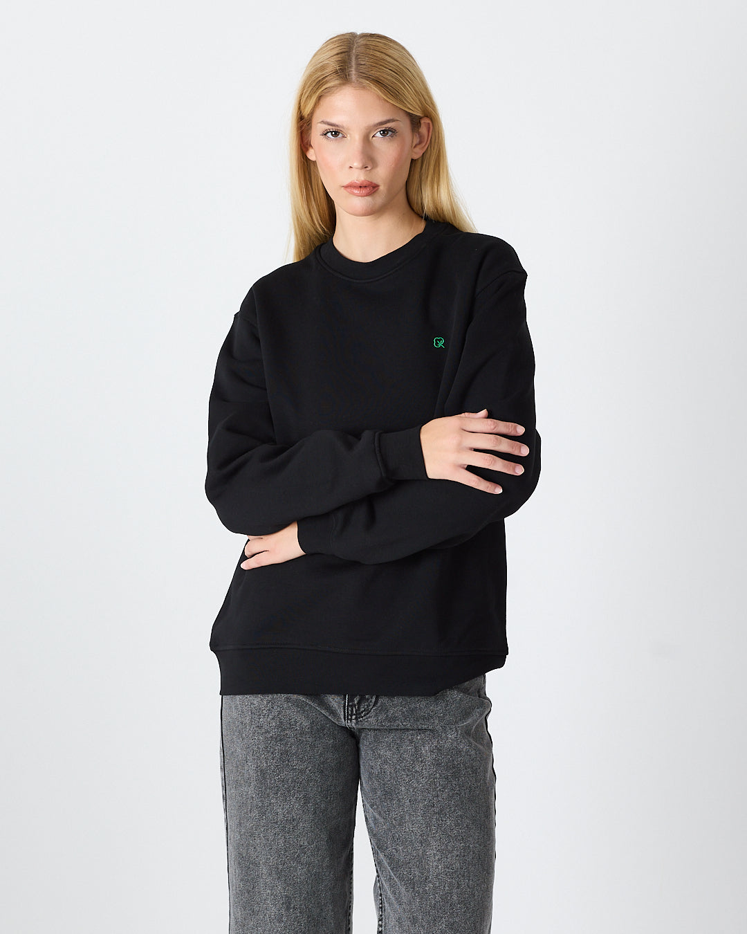 Unisex Siyah Yeşil Nakışlı Bisiklet Yaka Organik Pamuk Rahat Kalıp Sweatshirt