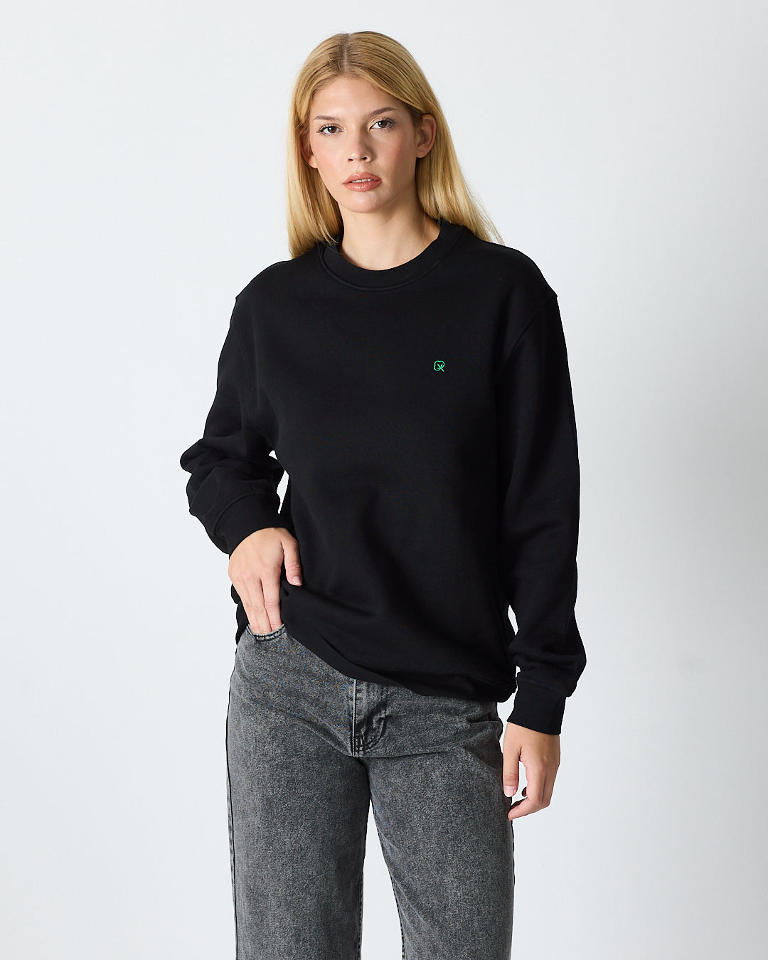 Unisex Siyah Yeşil Nakışlı Bisiklet Yaka Organik Pamuk Rahat Kalıp Sweatshirt