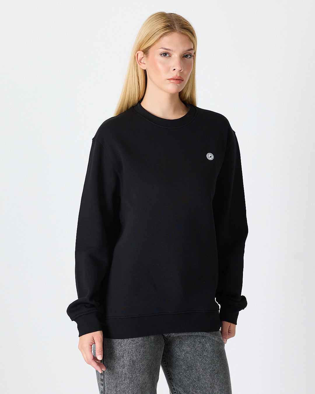 Unisex Siyah Beyaz Aplike Logo Organik Pamuk Rahat Kalıp Bisiklet Yaka Sweatshirt