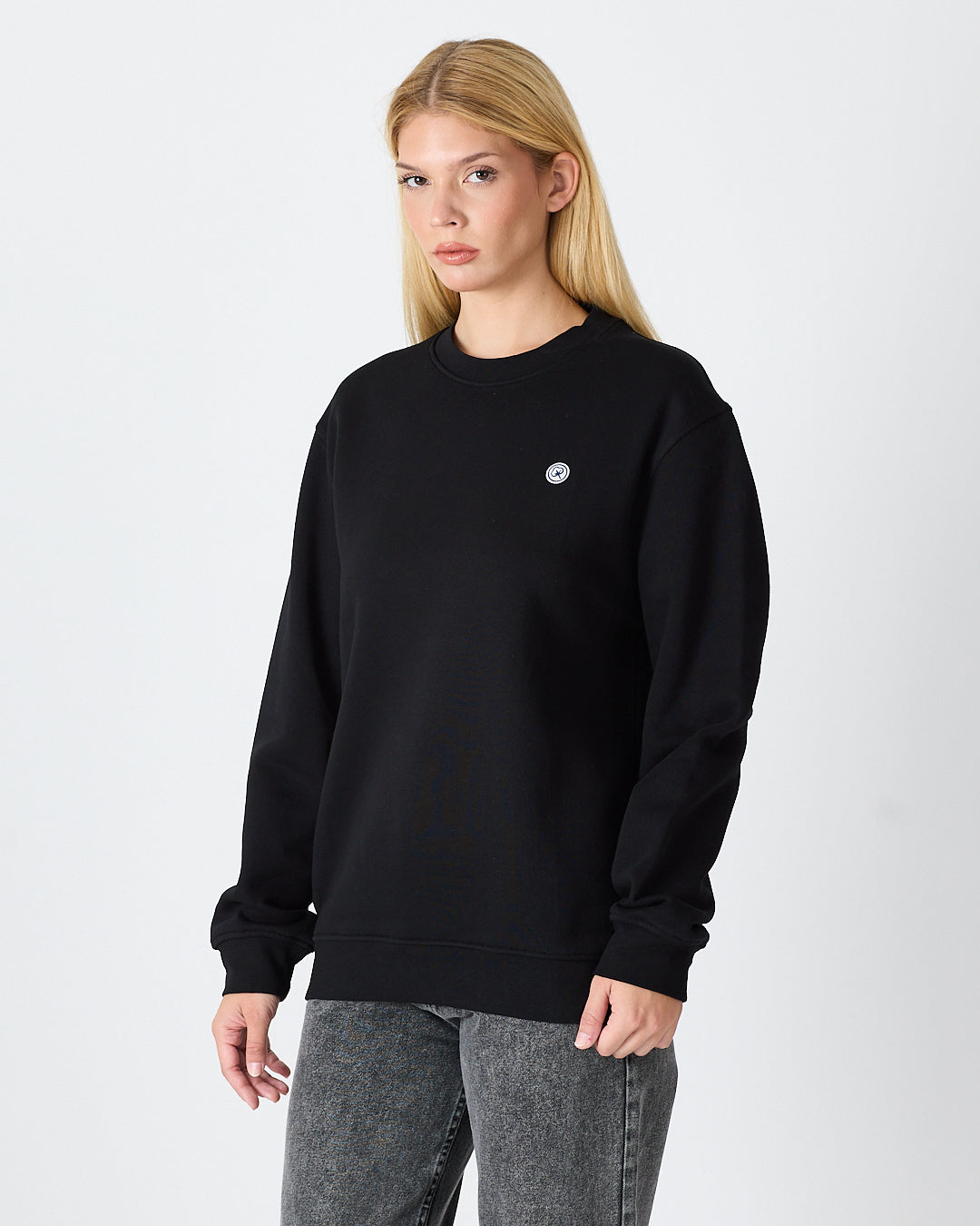 Unisex Siyah Beyaz Aplike Logo Organik Pamuk Rahat Kalıp Bisiklet Yaka Sweatshirt