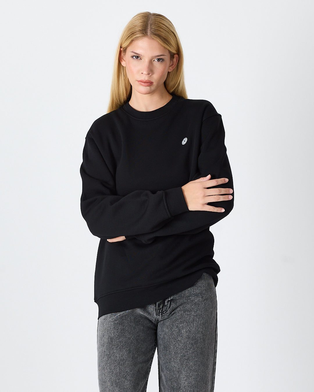 Unisex Siyah Beyaz Aplike Logo Organik Pamuk Rahat Kalıp Bisiklet Yaka Sweatshirt