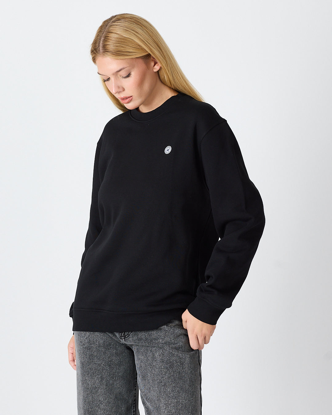 Unisex Siyah Beyaz Aplike Logo Organik Pamuk Rahat Kalıp Bisiklet Yaka Sweatshirt