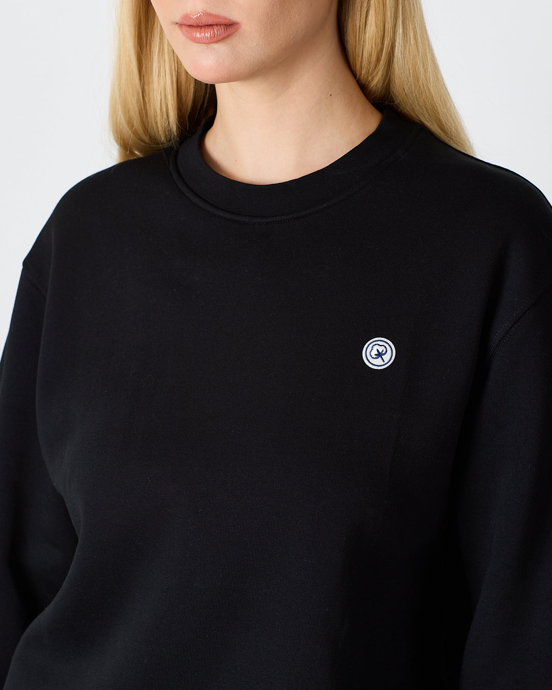Unisex Siyah Beyaz Aplike Logo Organik Pamuk Rahat Kalıp Bisiklet Yaka Sweatshirt