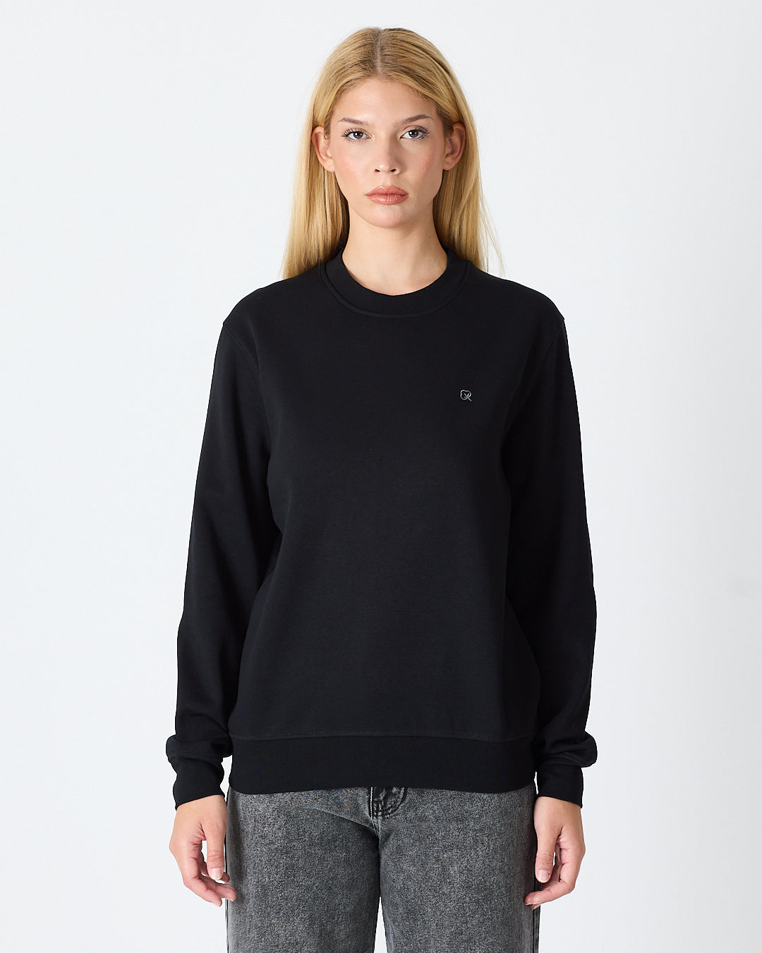Unisex Siyah Gümüş Nakış Standart Kalıp Organik Pamuklu Sweatshirt