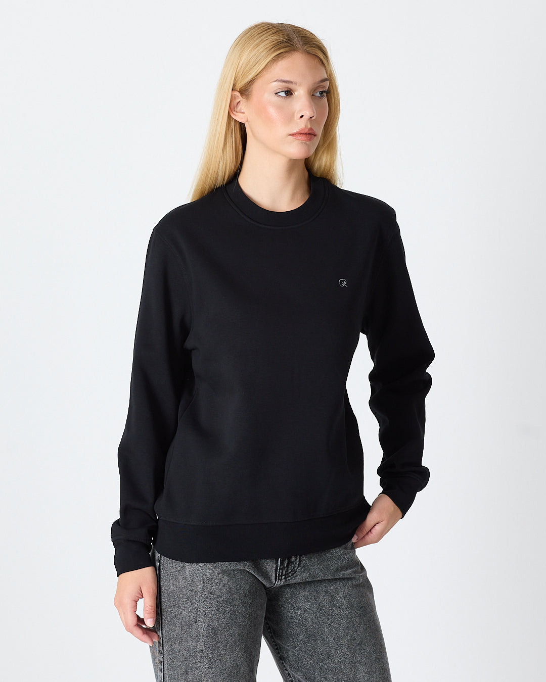 Unisex Siyah Gümüş Nakış Standart Kalıp Organik Pamuklu Sweatshirt