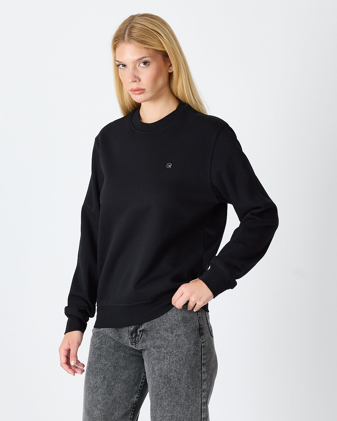 Unisex Siyah Gümüş Nakış Standart Kalıp Organik Pamuklu Sweatshirt
