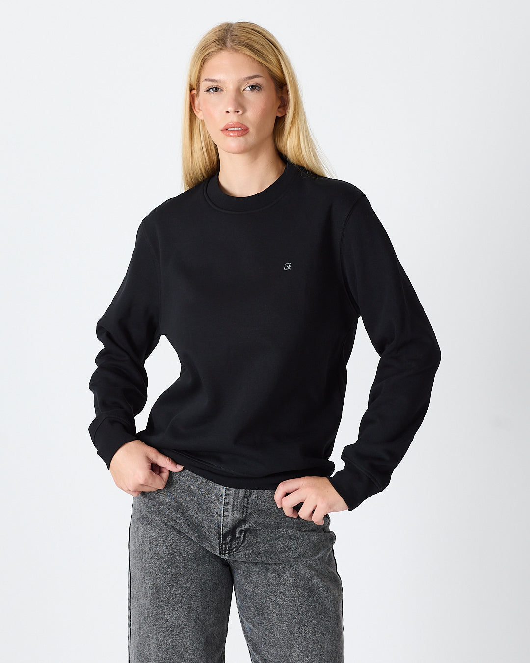 Unisex Siyah Gümüş Nakış Standart Kalıp Organik Pamuklu Sweatshirt