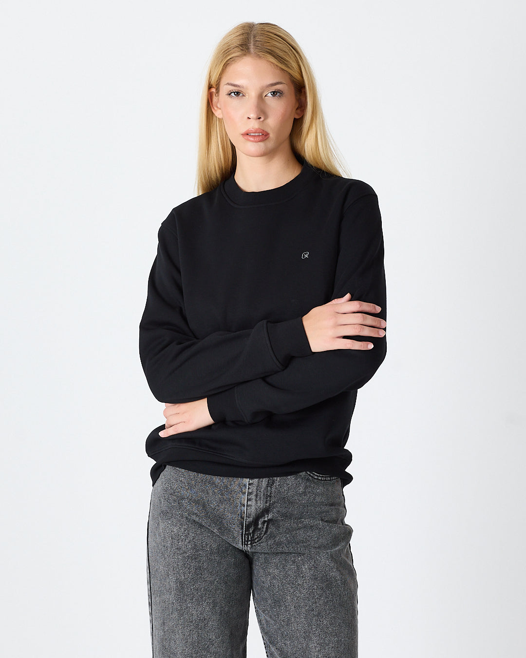 Unisex Siyah Gümüş Nakış Standart Kalıp Organik Pamuklu Sweatshirt